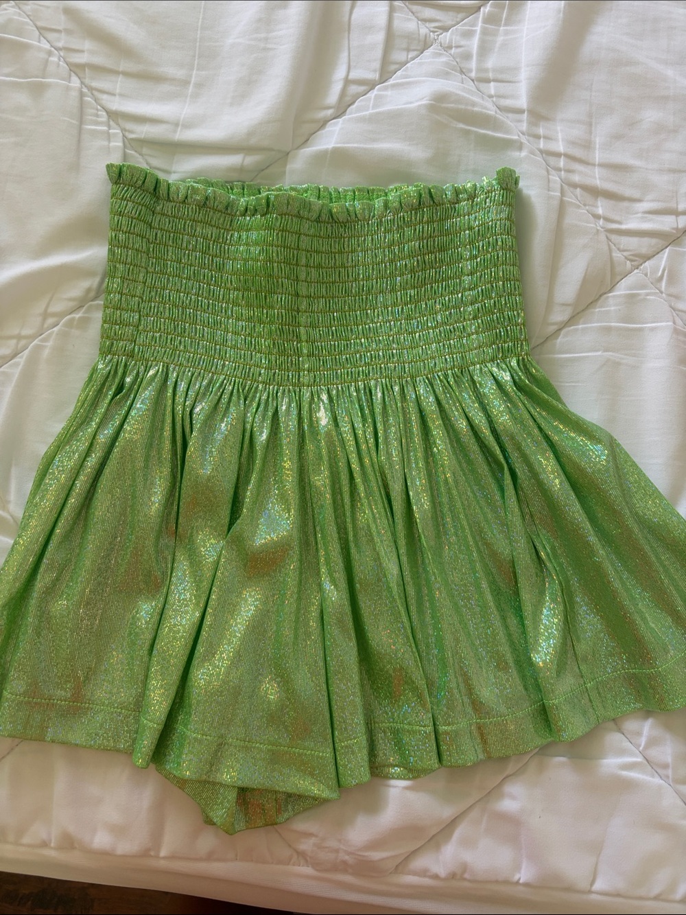 QUEEN OF SPARKLES Green Shimmery Smocked Skater Shorts